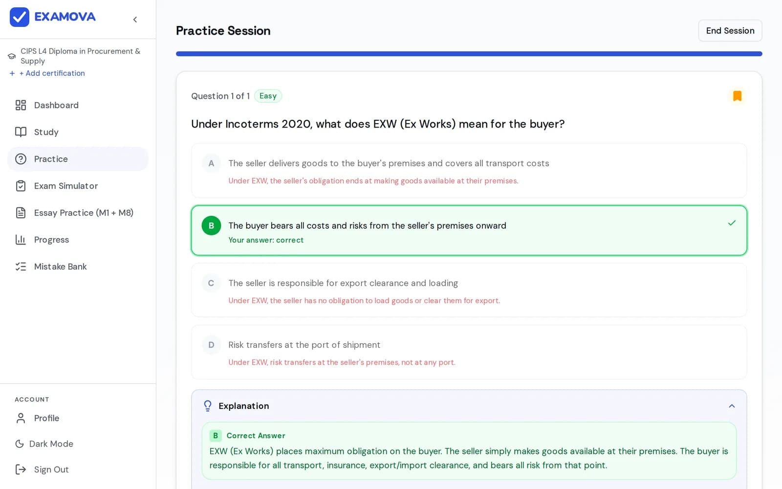 Practice screen: a CIPS Level 4 question on Incoterms 2020 with the correct option marked and a short reason under every option.