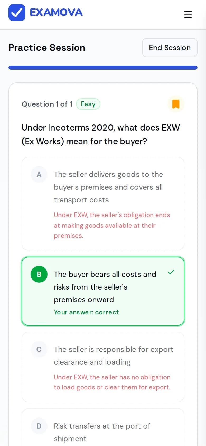 Practice screen: a CIPS Level 4 question on Incoterms 2020 with the correct option marked and a short reason under every option.