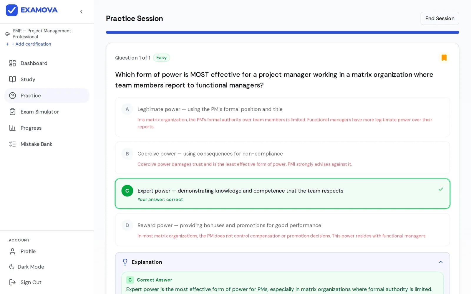 Practice screen: a PMP question on power in a matrix organization with the correct option marked and a short reason under every option.