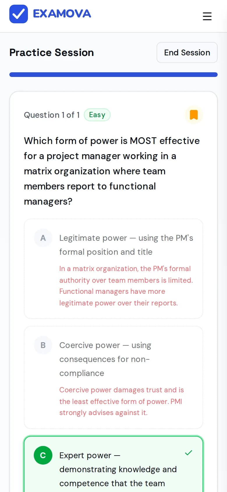 Practice screen: a PMP question on power in a matrix organization with the correct option marked and a short reason under every option.